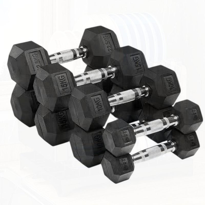 Rubber Hex Dumbbells — Chrome Handle, Pair